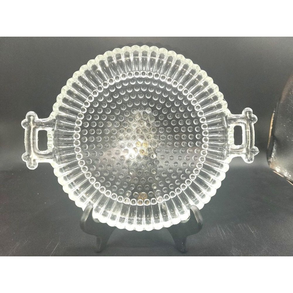 VINTAGE Jeannette HOBNAIL CLEAR GLASS ROUND SERVER/PLATE WITH HANDLES 8"